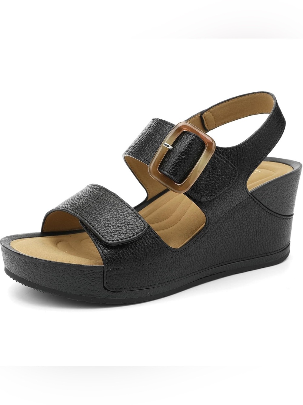 ComfortWedge Black Leather-Look Women's Sandal with Buckle Easy on and Off 10.5